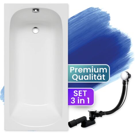 Badewanne Rechteck 150x75, Ablaufgarnitur & Füßen GRATIS - Komplettset 3in1 Original Acryl Wanne Premium Siphon - Made in EU - BADLAND CLASSIC