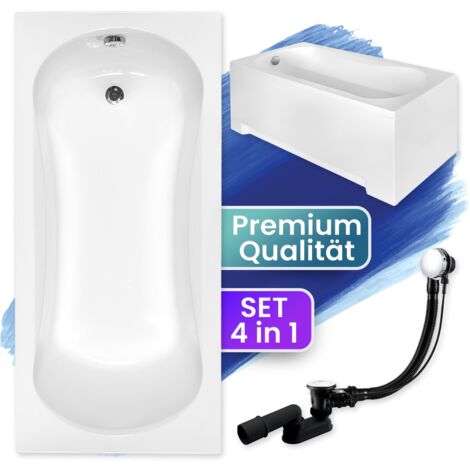 Badewanne Rechteck 160x70  mit AcrylSchürze, Ablaufgarnitur & Füßen GRATIS - Komplettset 4in1 Original Acryl Wanne Siphon - BADLAND ARIA