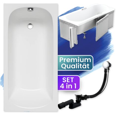 Badewanne Rechteck 150x75 mit Styroporverkleidung, Ablaufgarnitur & Füßen GRATIS - Komplettset 4in1 Original Acryl Wanne Siphon - BADLAND CLASSIC