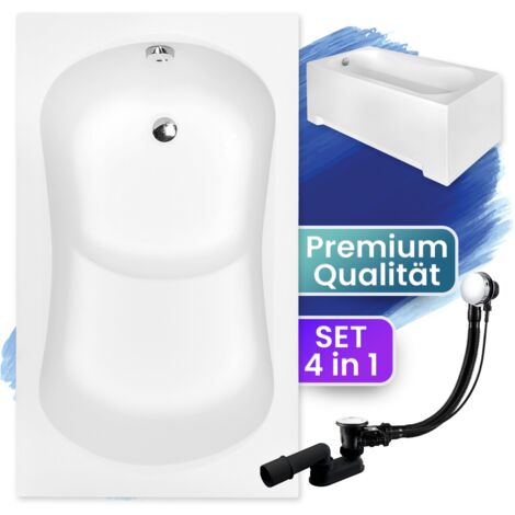 Badewanne Rechteck 120x70  mit AcrylSchürze, Ablaufgarnitur & Füßen GRATIS - Komplettset 4in1 Original Acryl Wanne Siphon - BADLAND ARIA REHAB