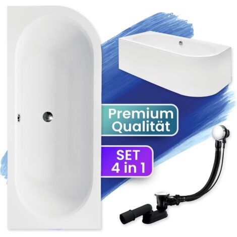 Badewanne Eckbadewanne 160x75 Links mit AcrylSchürze, Ablaufgarnitur & Füßen GRATIS - Komplettset 4in1 Original Acryl Wanne Siphon - BADLAND AVITA