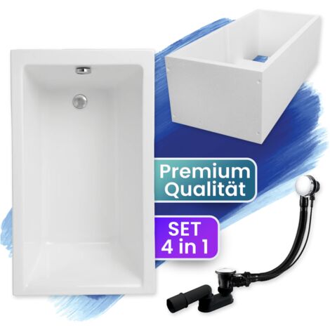 Badewanne Rechteck 120x70  mit Wannenträger, Ablaufgarnitur & Füßen GRATIS - Komplettset 4in1 Original Acryl Wanne Siphon - BADLAND CAPRI