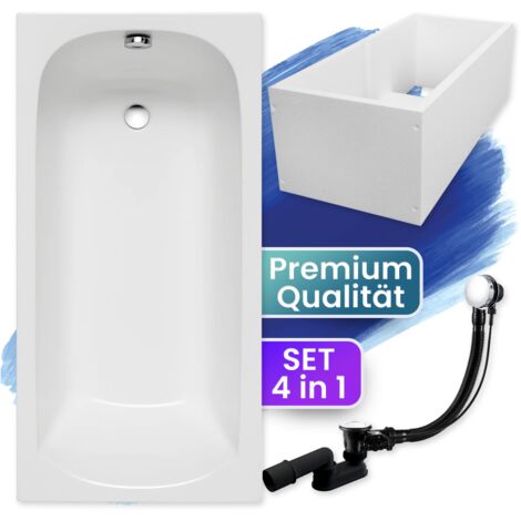 Badewanne Rechteck 150x75 mit Wannenträger, Ablaufgarnitur & Füßen GRATIS - Komplettset 4in1 Original Acryl Wanne Siphon - BADLAND CLASSIC