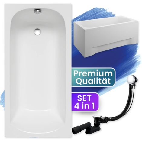 Badewanne Rechteck 120x70  mit AcrylSchürze, Ablaufgarnitur & Füßen GRATIS - Komplettset 4in1 Original Acryl Wanne Siphon - BADLAND CLASSIC