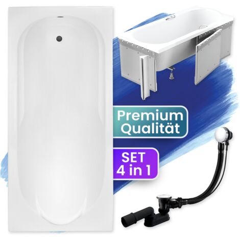Badewanne Rechteck 190x80 mit Styroporverkleidung, Ablaufgarnitur & Füßen GRATIS - Komplettset 4in1 Original Acryl Wanne Siphon - BADLAND BONA