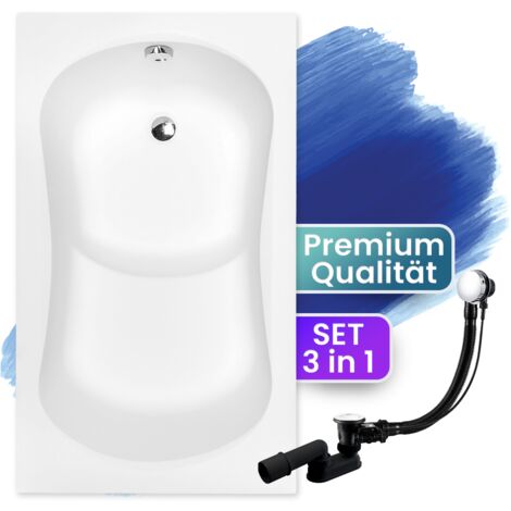 Badewanne Rechteck 120x70, Ablaufgarnitur & Füßen GRATIS - Komplettset 3in1 Original Acryl Wanne Premium Siphon - Made in EU - BADLAND ARIA REHAB