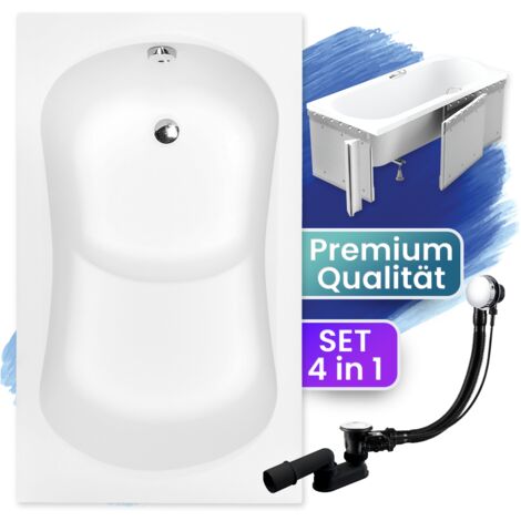 Badewanne Rechteck 120x70 mit Styroporverkleidung, Ablaufgarnitur & Füßen GRATIS - Komplettset 4in1 Original Acryl Wanne Siphon - BADLAND ARIA REHAB