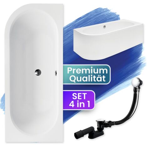 Badewanne Eckbadewanne 180x80 Rechts mit AcrylSchürze, Ablaufgarnitur & Füßen GRATIS - Komplettset 4in1 Original Acryl Wanne Siphon - BADLAND AVITA