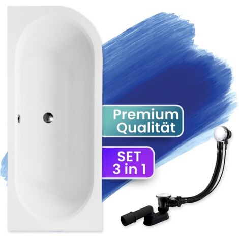 Badewanne Eckbadewanne 180x80 Links + Bambus Ablage, Ablaufgarnitur & Füßen GRATIS - Komplettset 4in1 Original Acryl Wanne Siphon - BADLAND AVITA