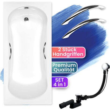 Badewanne Rechteck 160x70 + Handgriffen, Ablaufgarnitur & Füßen GRATIS - Komplettset 4in1 Original Acryl Wanne Siphon - BADLAND ARIA PLUS