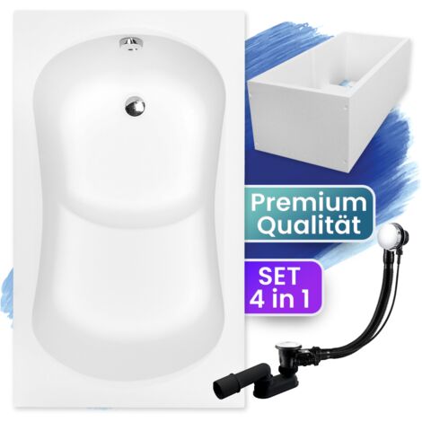 Badewanne Rechteck 120x70  mit Wannenträger, Ablaufgarnitur & Füßen GRATIS - Komplettset 4in1 Original Acryl Wanne Siphon - BADLAND ARIA REHAB