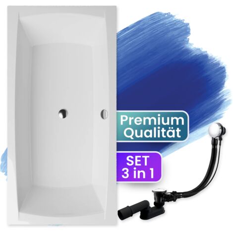 Badewanne Rechteck 140x70, Ablaufgarnitur & Füßen GRATIS - Komplettset 3in1 Original Acryl Wanne Premium Siphon - Made in EU - BADLAND APRI