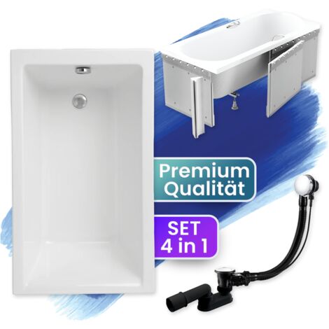 Badewanne Rechteck 120x70 mit Styroporverkleidung, Ablaufgarnitur & Füßen GRATIS - Komplettset 4in1 Original Acryl Wanne Siphon - BADLAND CAPRI