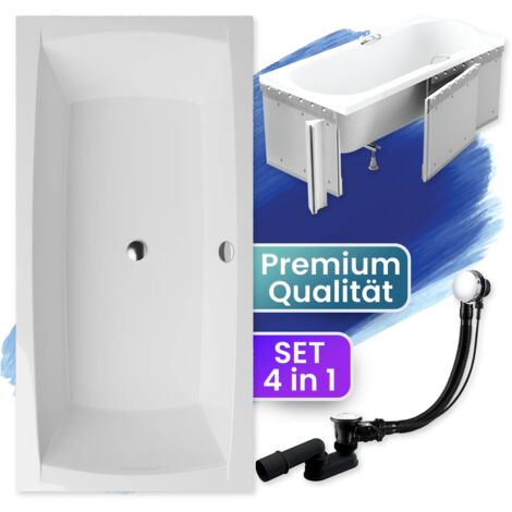 Badewanne Rechteck 140x70 mit Styroporverkleidung, Ablaufgarnitur & Füßen GRATIS - Komplettset 4in1 Original Acryl Wanne Siphon - BADLAND APRI
