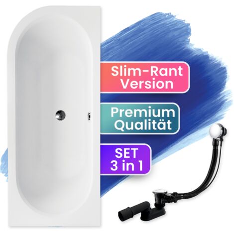 Badewanne Eckbadewanne 170x75 Rechts, Ablaufgarnitur & Füßen GRATIS - Komplettset 3in1 Original Acryl Wanne Premium Siphon - BADLAND AVITA SLIM