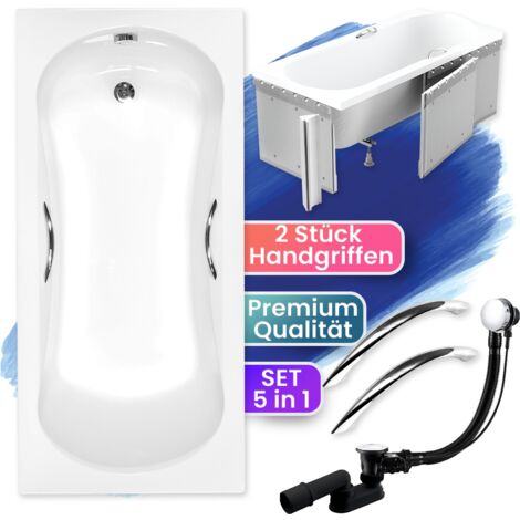 Badewanne Rechteck 170x70 mit Styroporverkleidung + Handgriffen, Ablaufgarnitur & Füßen GRATIS - Komplettset 5in1 Acryl Wanne Siphon - BADLAND ARIA PLUS