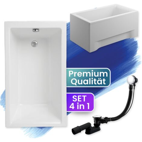 Badewanne Rechteck 120x70 mit AcrylSchürze, Ablaufgarnitur & Füßen GRATIS - Komplettset 4in1 Original Acryl Wanne Siphon - BADLAND CAPRI