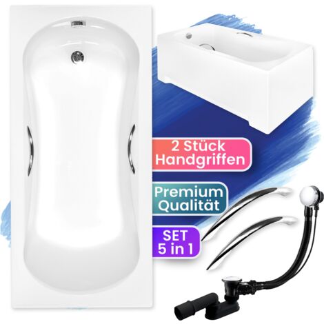 Badewanne Rechteck 160x70 mit AcrylSchürze + Handgriffen, Ablaufgarnitur & Füßen GRATIS - Komplettset 5in1 Acryl Wanne Siphon - BADLAND ARIA PLUS