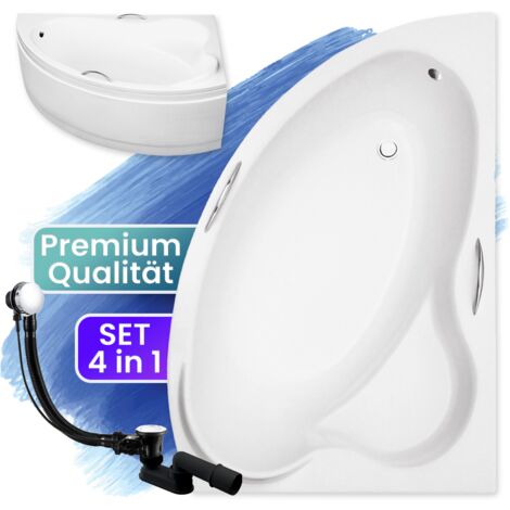 Badewanne Eckbadewanne 160x100 Rechts mit AcrylSchürze, Ablaufgarnitur & Füßen GRATIS - Komplettset 4in1 Original Acryl Wanne Siphon - BADLAND ADA