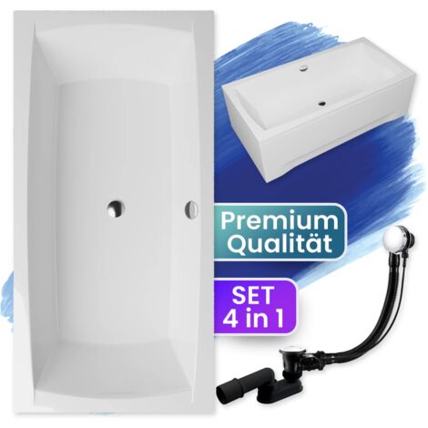 Badewanne Rechteck 140x70 mit AcrylSchürze, Ablaufgarnitur & Füßen GRATIS - Komplettset 4in1 Original Acryl Wanne Siphon - BADLAND APRI