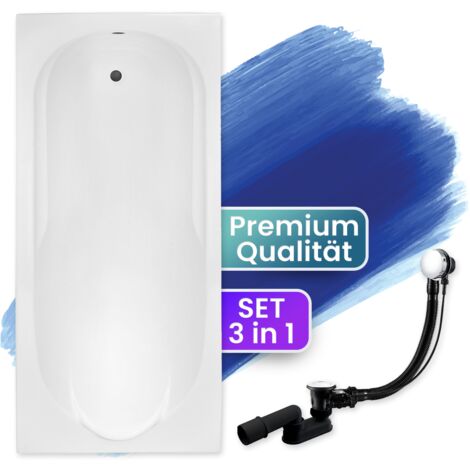 Badewanne Rechteck 190x80 + Kopfstütze, Ablauf & Füße GRATIS - Komplettset 4in1 Original Acryl Wanne - BADLAND BONA