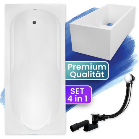 Badewanne Rechteck 170x70 mit Wannenträger, Ablaufgarnitur & Füßen GRATIS - Komplettset 4in1 Original Acryl Wanne Siphon - BADLAND BONA