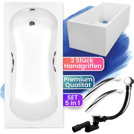Badewanne Rechteck 140x70 mit Wannenträger + Handgriffen, Ablaufgarnitur & Füßen GRATIS - Komplettset 5in1 Acryl Wanne Siphon - BADLAND ARIA PLUS