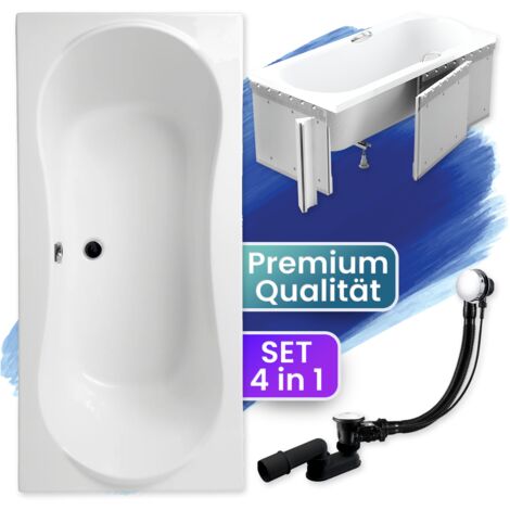 Badewanne Rechteck 180x80 mit Styroporverkleidung, Ablaufgarnitur & Füßen GRATIS - Komplettset 4in1 Original Acryl Wanne Siphon - BADLAND LONG