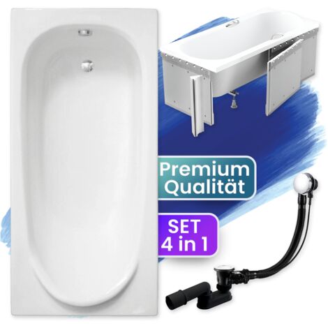 Badewanne Rechteck 190x80 mit Styroporverkleidung, Ablaufgarnitur & Füßen GRATIS - Komplettset 4in1 Original Acryl Wanne Siphon - BADLAND MEDIUM