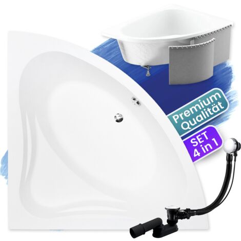 Badewanne Eckbadewanne 130x130 mit Styroporverkleidung, Ablaufgarnitur & Füßen GRATIS - Komplettset 4in1 Original Acryl Wanne Siphon - BADLAND MIA