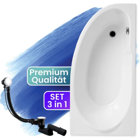 Badewanne Eckbadewanne 140x70 Rechts, Ablaufgarnitur & Füßen GRATIS - Komplettset 3in1 Original Acryl Wanne Premium Siphon - Made in EU - BADLAND MIKI