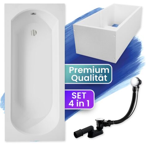 Badewanne Rechteck 150x75 mit Wannenträger, Ablaufgarnitur & Füßen GRATIS - Komplettset 4in1 Original Acryl Wanne Siphon - BADLAND INTRICA