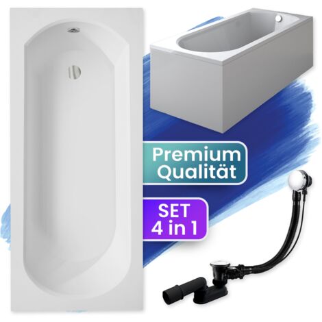 Badewanne Rechteck 150x75 mit AcrylSchürze, Ablaufgarnitur & Füßen GRATIS - Komplettset 4in1 Original Acryl Wanne Siphon - BADLAND INTRICA