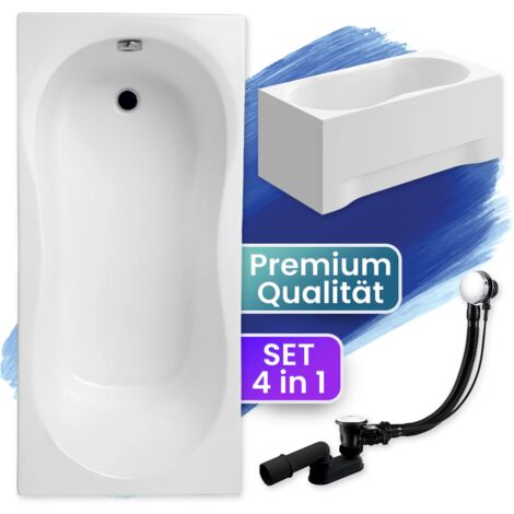 Badewanne Rechteck 170x75 mit AcrylSchürze, Ablaufgarnitur & Füßen GRATIS - Komplettset 4in1 Original Acryl Wanne Siphon - BADLAND GRACJA