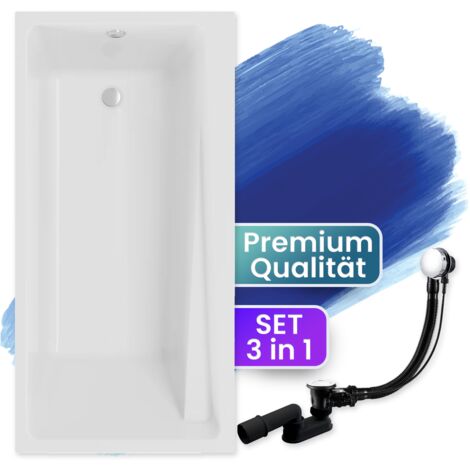 Badewanne Rechteck 150x70, Ablaufgarnitur & Füßen GRATIS - Komplettset 3in1 Original Acryl Wanne Premium Siphon - Made in EU - BADLAND ELZA