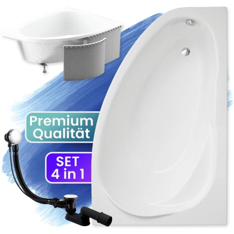 Badewanne Eckbadewanne 150x100 Rechts mit Styroporverkleidung, Ablauf & Füße GRATIS - Komplettset 4in1 Original Acryl Wanne Siphon - BADLAND MAREA