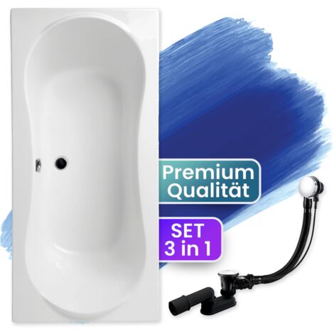 Badewanne Rechteck 180x80, Ablaufgarnitur & Füßen GRATIS - Komplettset 3in1 Original Acryl Wanne Premium Siphon - Made in EU - BADLAND LONG