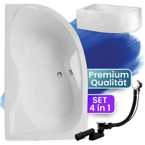 Badewanne Eckbadewanne 170x110 Links mit AcrylSchürze, Ablaufgarnitur & Füßen GRATIS - Komplettset 4in1 Original Acryl Wanne Siphon - BADLAND DORA