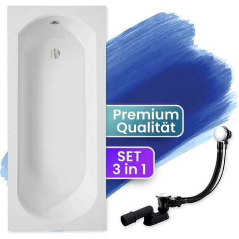 Badewanne Rechteck 150x75, Ablaufgarnitur & Füßen GRATIS - Komplettset 3in1 Original Acryl Wanne Premium Siphon - Made in EU - BADLAND INTRICA