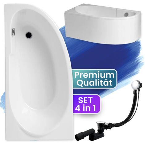 Badewanne Eckbadewanne 140x70 Links mit AcrylSchürze, Ablaufgarnitur & Füßen GRATIS - Komplettset 4in1 Original Acryl Wanne Siphon - BADLAND MIKI
