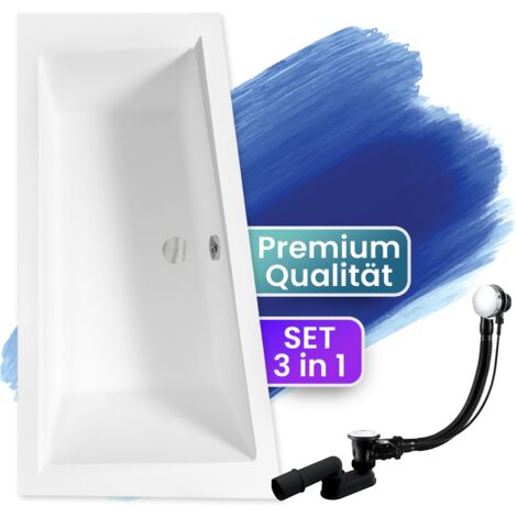 Badewanne Eckbadewanne 180x125 Links, Ablaufgarnitur & Füßen GRATIS - Komplettset 3in1 Original Acryl Wanne Premium Siphon - BADLAND INTIMA