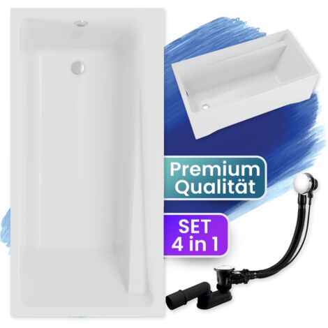 Badewanne Rechteck 150x70 mit AcrylSchürze, Ablaufgarnitur & Füßen GRATIS - Komplettset 4in1 Original Acryl Wanne Siphon - BADLAND ELZA