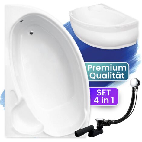Badewanne Eckbadewanne 140x95 Links mit AcrylSchürze, Ablaufgarnitur & Füßen GRATIS - Komplettset 4in1 Original Acryl Wanne Siphon - BADLAND FINEZJA