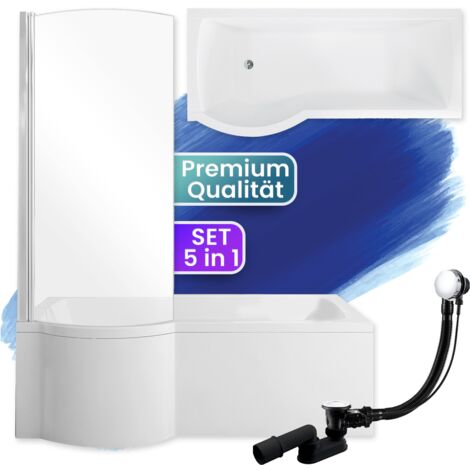 Badewanne Rechteck 160x70 Links mit AcrylSchürze, Ablaufgarnitur & Füßen GRATIS - Komplettset 4in1 Original Acryl Wanne Siphon - BADLAND INSPIRO
