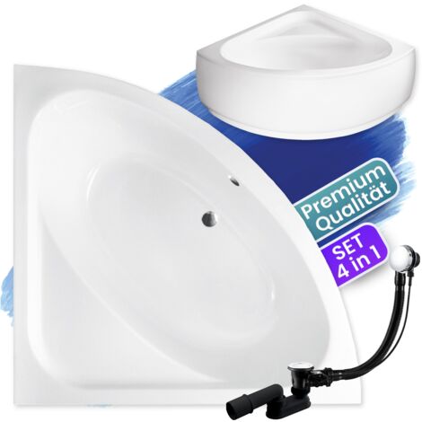 Badewanne Eckbadewanne 148x148  mit AcrylSchürze, Ablaufgarnitur & Füßen GRATIS - Komplettset 4in1 Original Acryl Wanne Siphon - BADLAND LUKSJA