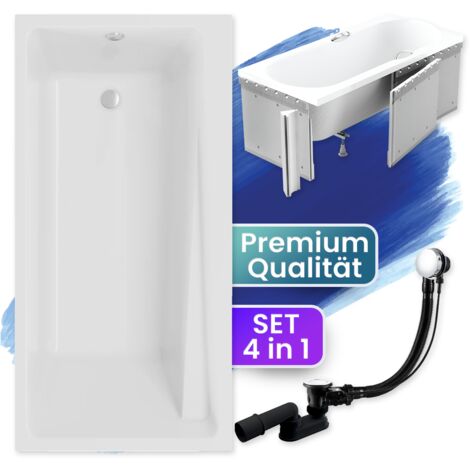 Badewanne Rechteck 140x70 mit Styroporverkleidung, Ablaufgarnitur & Füßen GRATIS - Komplettset 4in1 Original Acryl Wanne Siphon - BADLAND ELZA