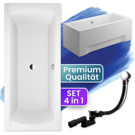 Badewanne Rechteck 160x75 mit AcrylSchürze, Ablaufgarnitur & Füßen GRATIS - Komplettset 4in1 Original Acryl Wanne Siphon - BADLAND INES