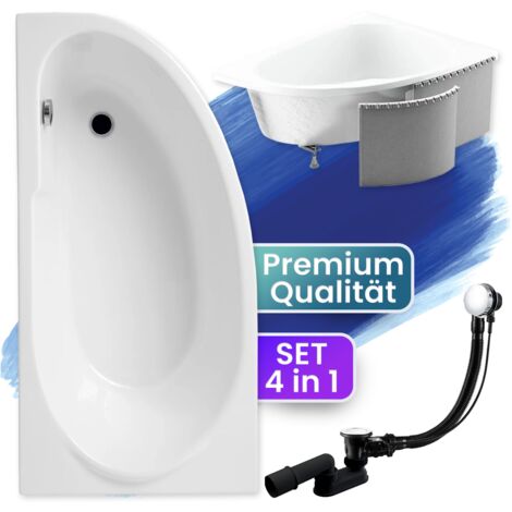 Badewanne Eckbadewanne 140x70 Links mit Styroporverkleidung, Ablauf & Füße GRATIS - Komplettset 4in1 Original Acryl Wanne Siphon - BADLAND MIKI