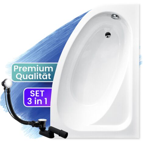 Badewanne Eckbadewanne 140x80 Rechts, Ablaufgarnitur & Füßen GRATIS - Komplettset 3in1 Original Acryl Wanne Premium Siphon - BADLAND CORNEA