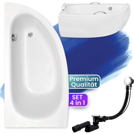 Badewanne Eckbadewanne 150x70 Links mit AcrylSchürze, Ablaufgarnitur & Füßen GRATIS - Komplettset 4in1 Original Acryl Wanne Siphon - BADLAND MILENA